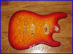 MIGHTY MITE BODY FITS FENDER STRATOCASTER 2 3/16th GUITAR NECK CHERRY QUILT TOP